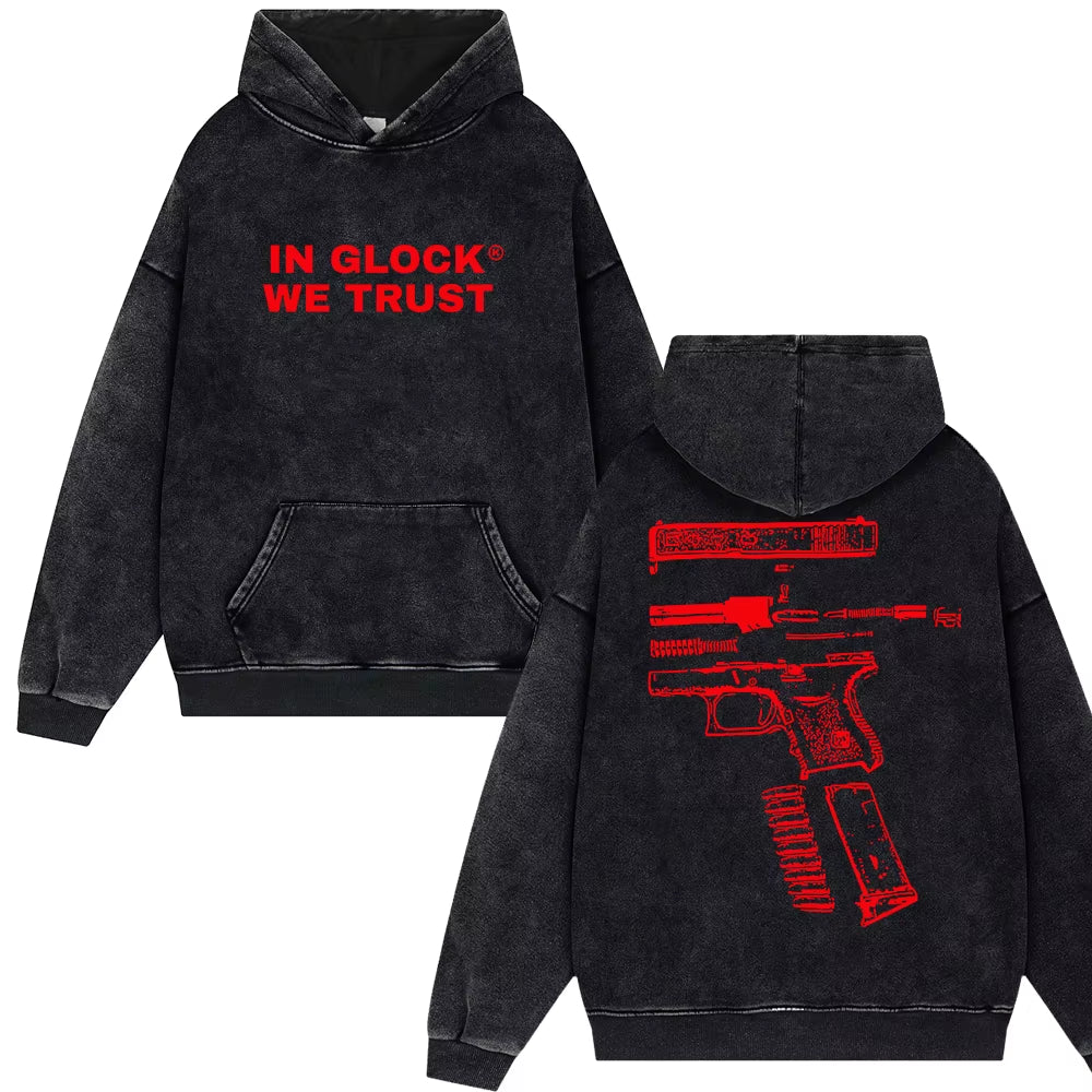 IN GLOCK WE TRUST Letter Print Punk Style Vintage Washed Hoodies Men Oversize Y2K Hip Hop Streetwear Top Harajuku Loose Pullover