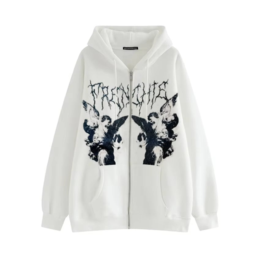 Women Vintage Angel Print Hooded Jacket Men Zip up Long Sleeve Pocket Autumn Winter Streetwear Coat Y2K Aesthetic Loose Hoodies