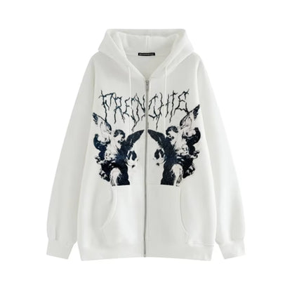 Women Vintage Angel Print Hooded Jacket Men Zip up Long Sleeve Pocket Autumn Winter Streetwear Coat Y2K Aesthetic Loose Hoodies