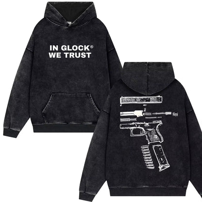 IN GLOCK WE TRUST Letter Print Punk Style Vintage Washed Hoodies Men Oversize Y2K Hip Hop Streetwear Top Harajuku Loose Pullover