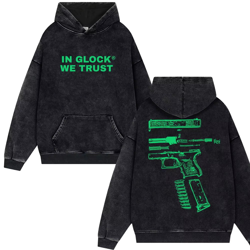 IN GLOCK WE TRUST Letter Print Punk Style Vintage Washed Hoodies Men Oversize Y2K Hip Hop Streetwear Top Harajuku Loose Pullover